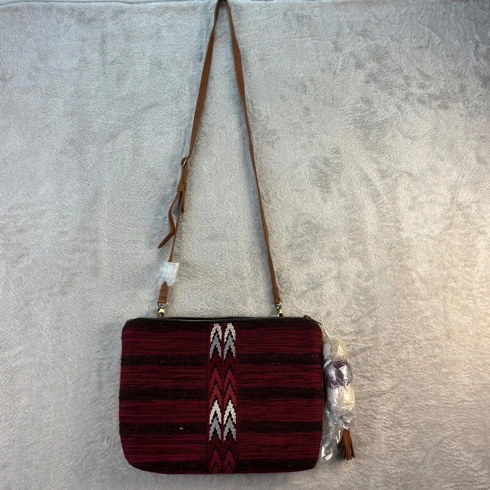 Mercado Global Women's Crossbody Bag Ruby Red Woven Striped Cotton NWT